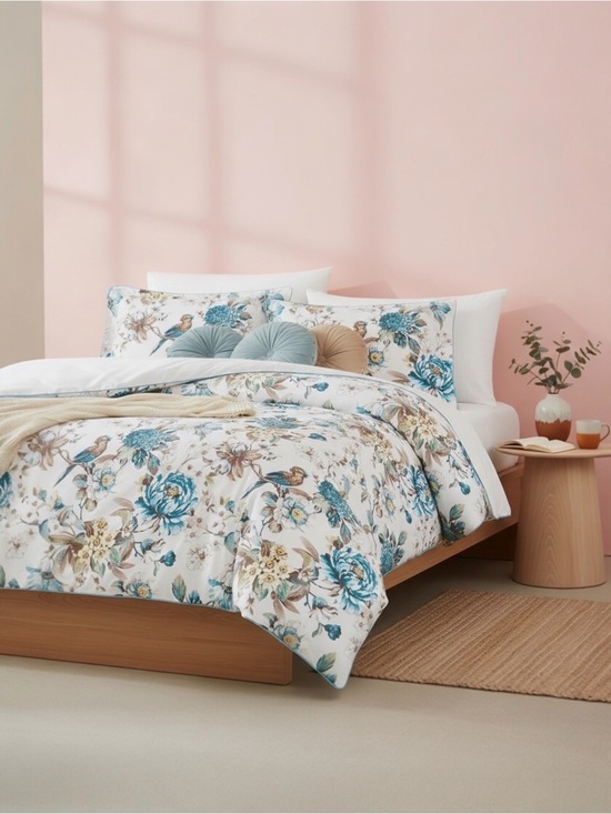 Anthropologie Other - NEW Anthro White Blue Floral Bird Cotton Boho Queen King Bedding Duvet Sham Set